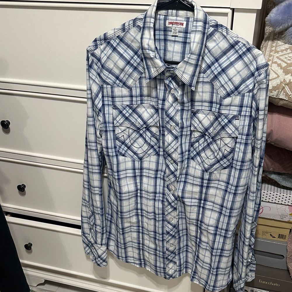 True Religion White and Blue Plaid Button-Down Shirt